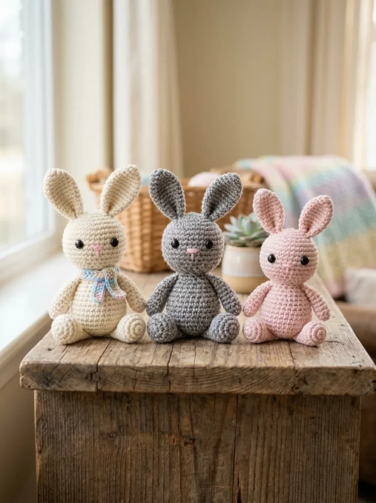 Three crochet bunnies in cream, gray and pink yarn showing different color options