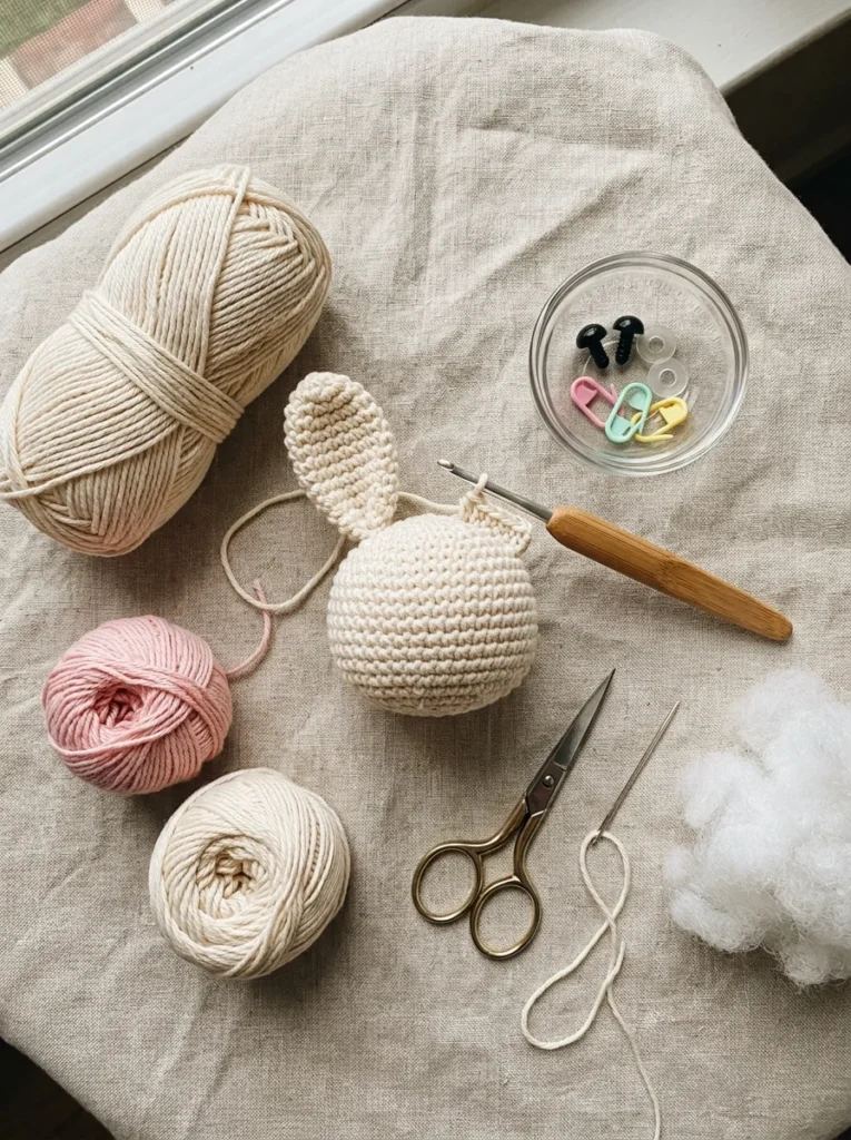 Yarn, crochet hook, safety eyes and fiberfill laid out to crochet a bunny