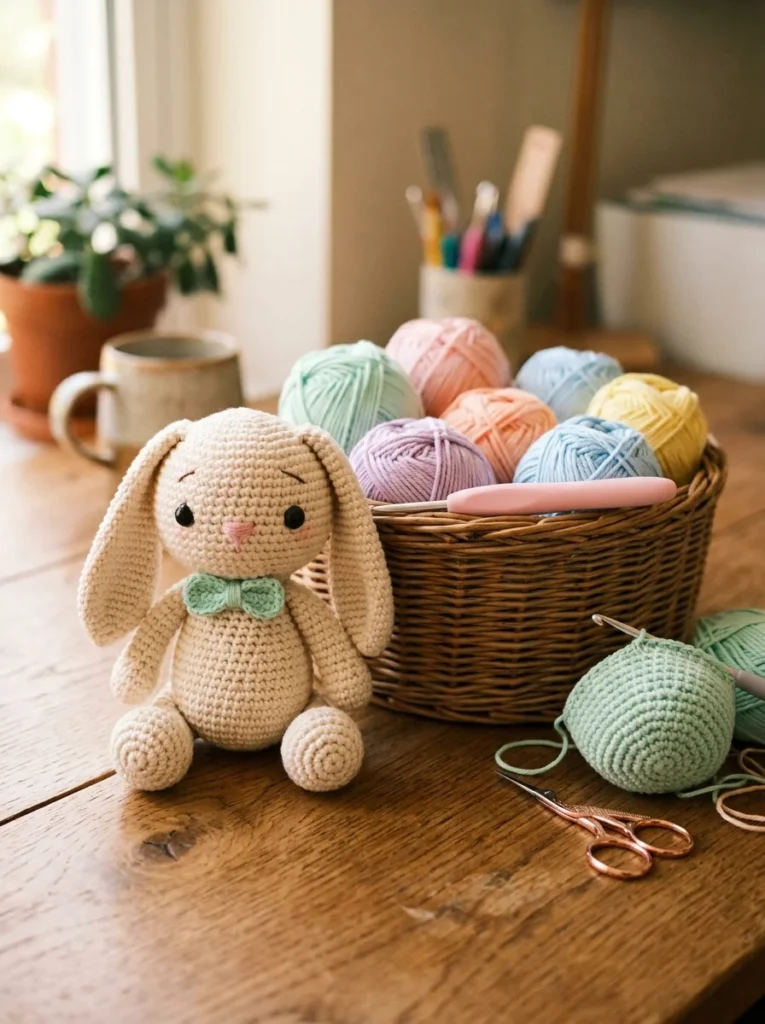 Finished crochet bunny beside yarn and a crochet hook on a wooden desk