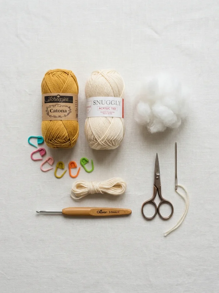 Flat lay of yarn, crochet hook, stuffing, stitch marker and yarn needle for making amigurumi
