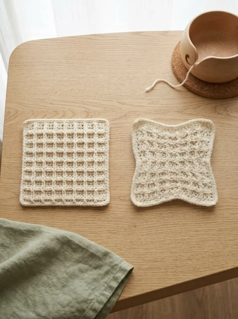 Two waffle stitch swatches side by side, one with a clear grid and one with uneven edges and a flattened texture