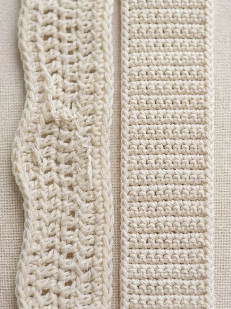 Two crochet swatches side by side, one with uneven wavy edges and one with straight edges, showing the effect of counting stitches