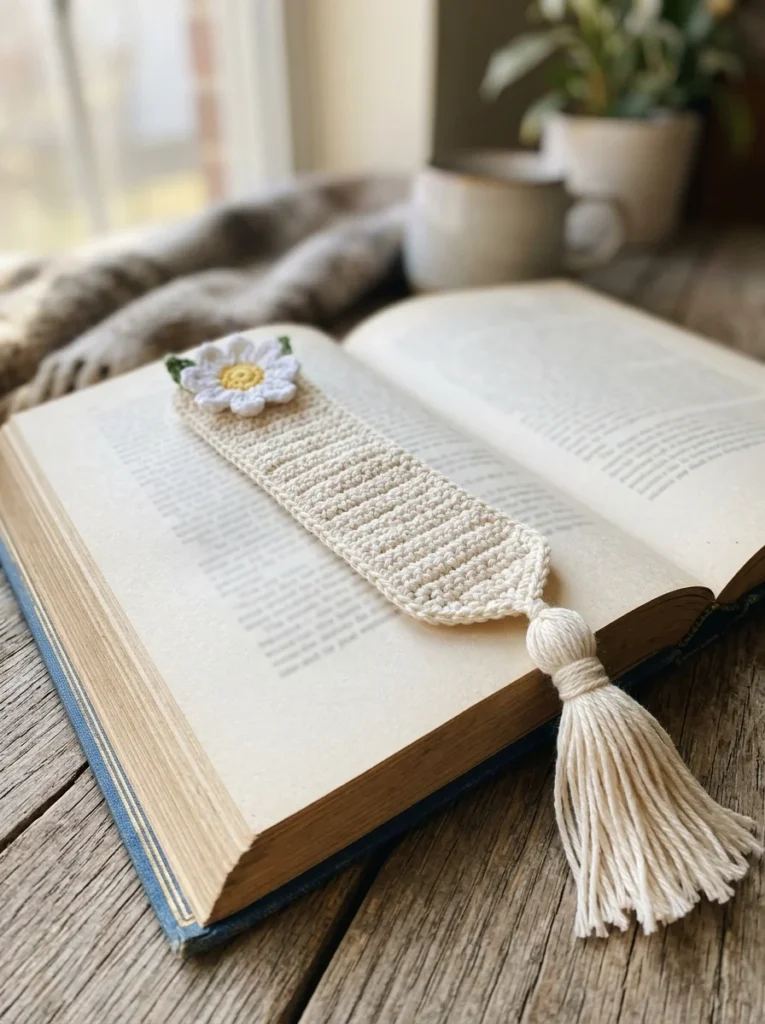 A crochet bookmark with a small cram daisy at the top and a tassel at the bottom resting on an open book