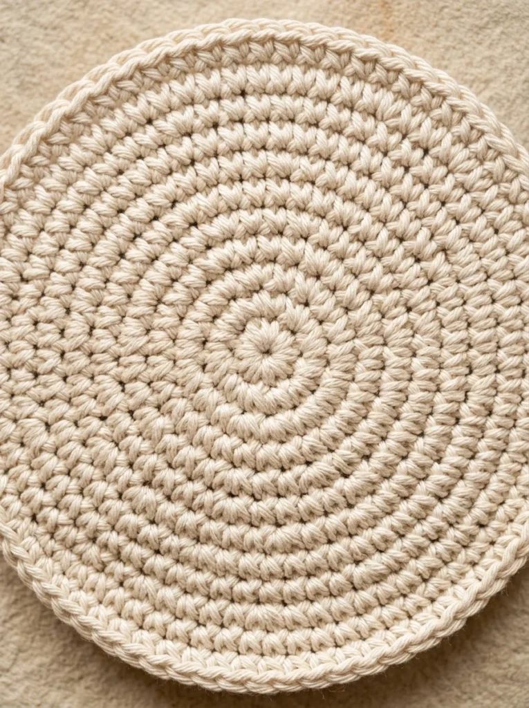 A round single crochet coaster in cream cotton yarn showing evenly spaced increases in each round