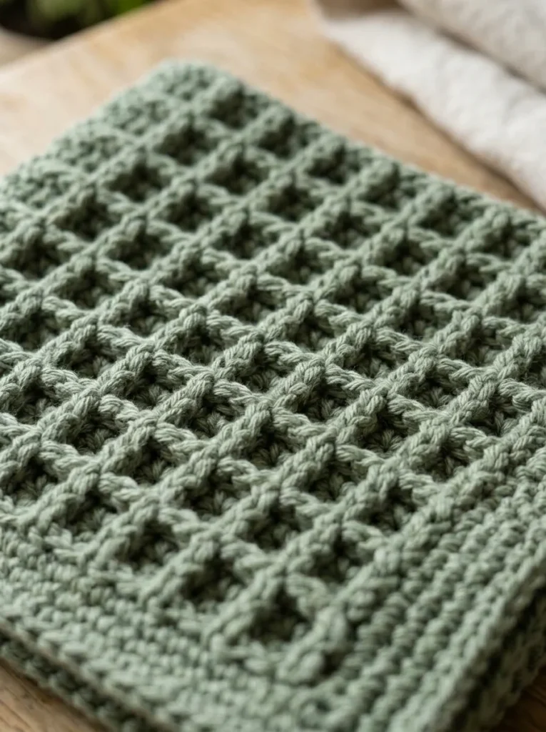 A sage green crochet waffle stitch dishcloth folded on a wooden counter beside a linen towel