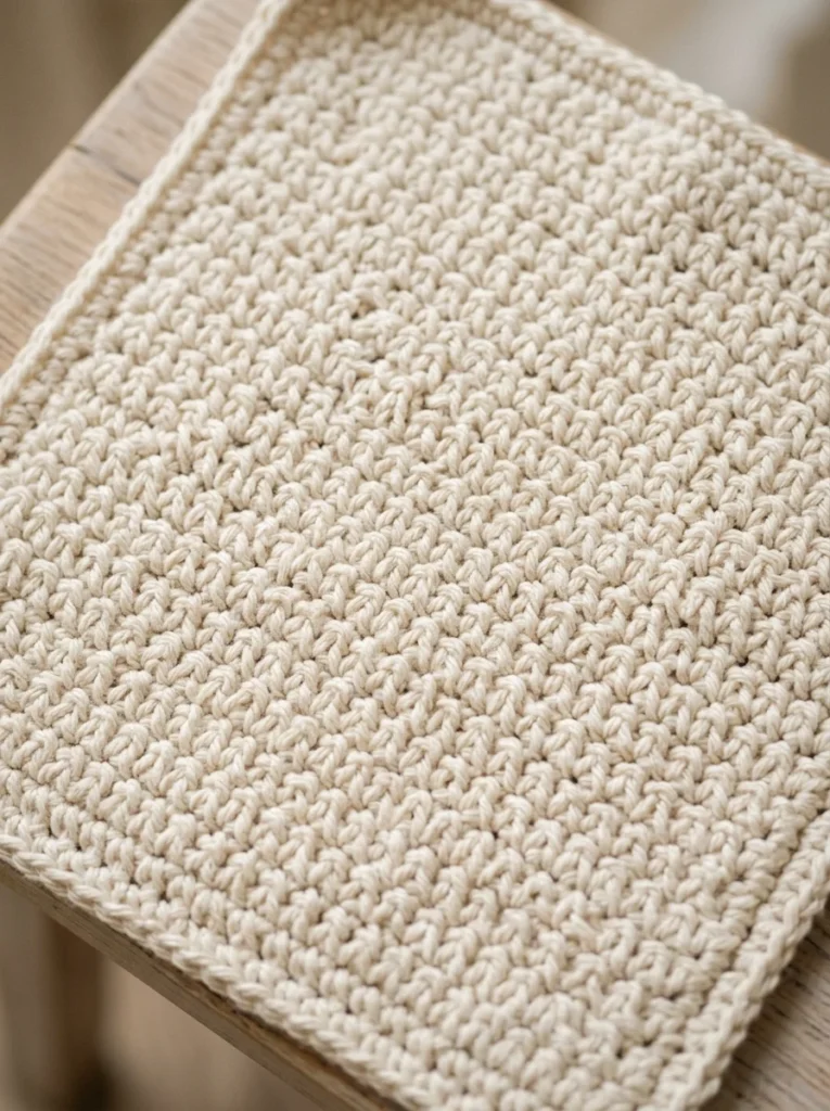 A finished square cotton crochet dishcloth in single crochet with straight, even edges