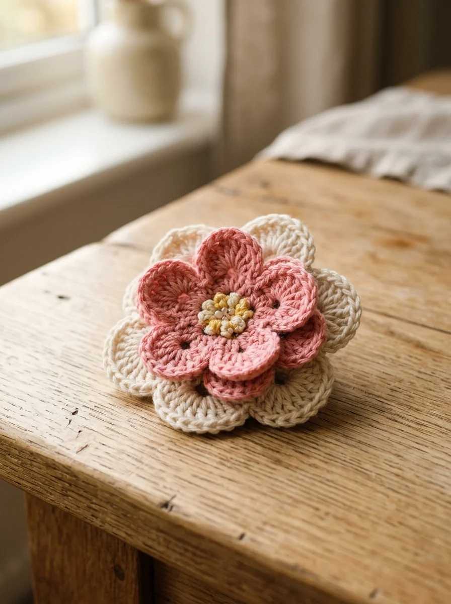 crochet flower pattern free Two-layer crochet flower in pink and cream showing front petals sitting over a second layer