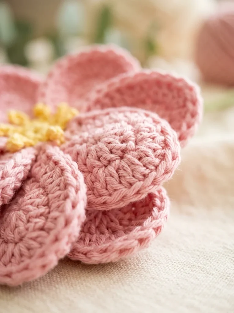 Close-up of the petals of a crochet flower showing the rounded shape of each petal