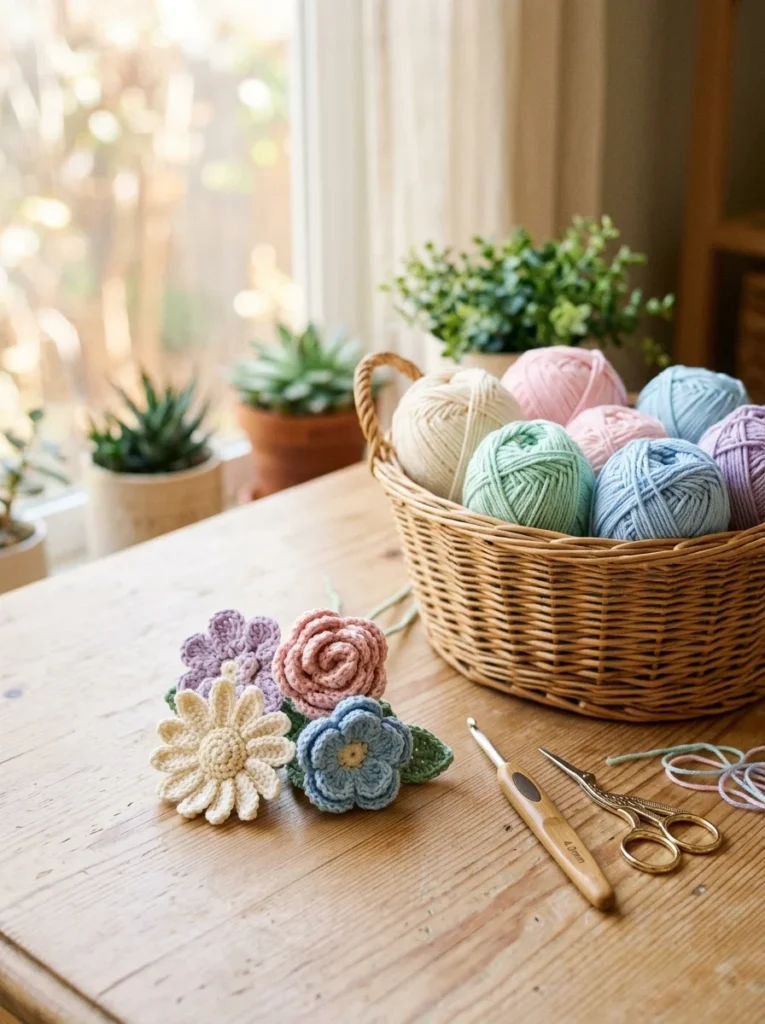Finished crochet flowers beside yarn and a crochet hook on a clean wooden desk