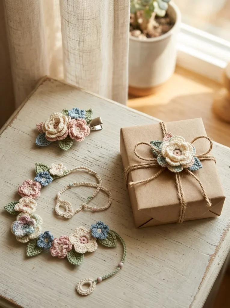 Handmade crochet flowers used as a hair clip, a garland and a gift topper