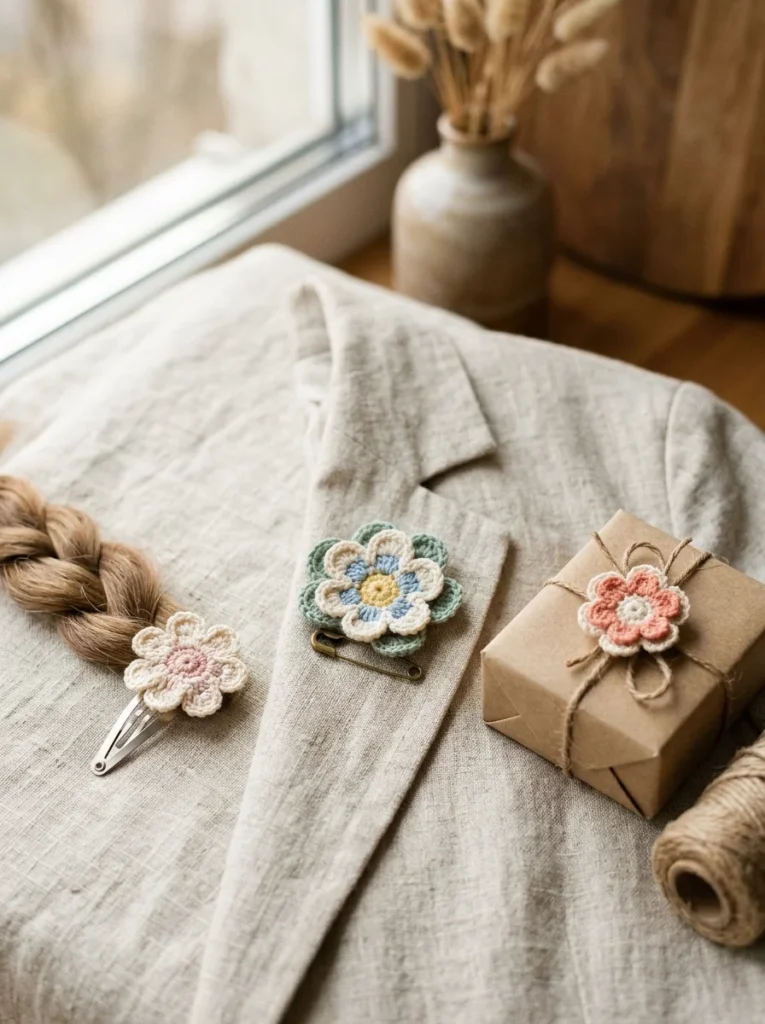 Crochet flowers used as a hair clip, a brooch and a gift topper