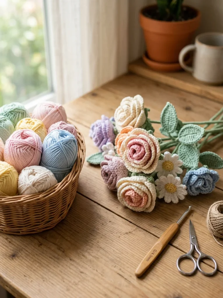 A small bouquet of handmade crochet flowers in pastel colors in a glass jar