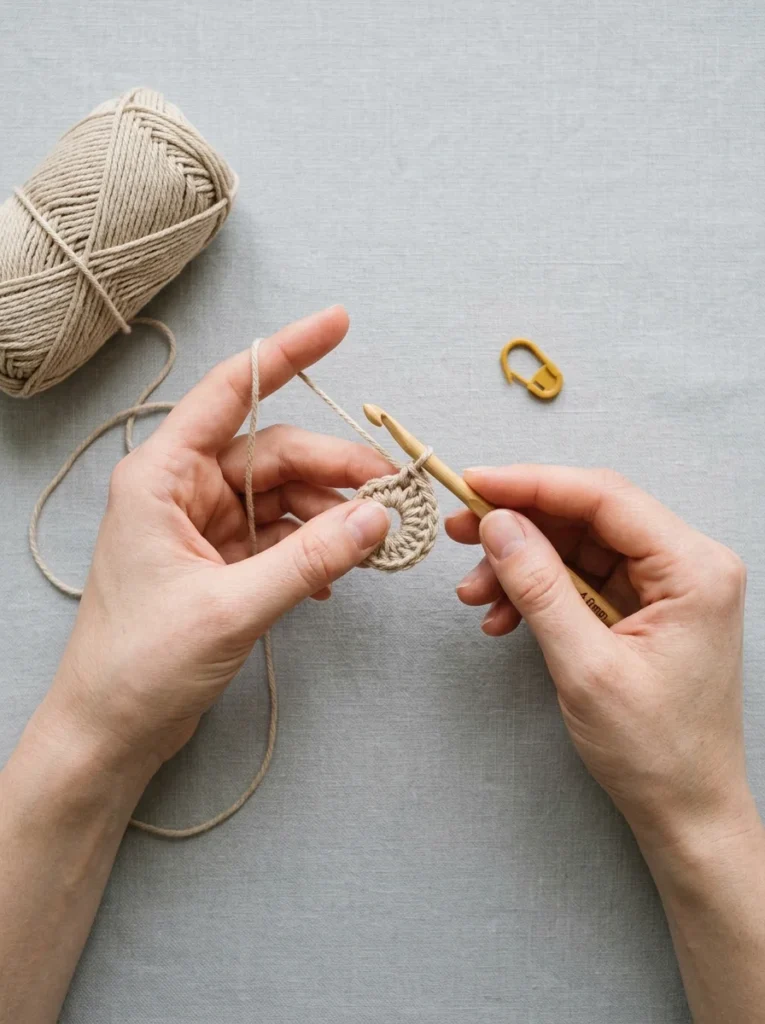 Hands starting a magic ring for an amigurumi project