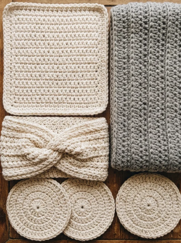 free crochet patterns for beginners Simple handmade crochet projects for beginners, including a dishcloth, coasters, a headband and a scarf, in soft cotton and wool yarn