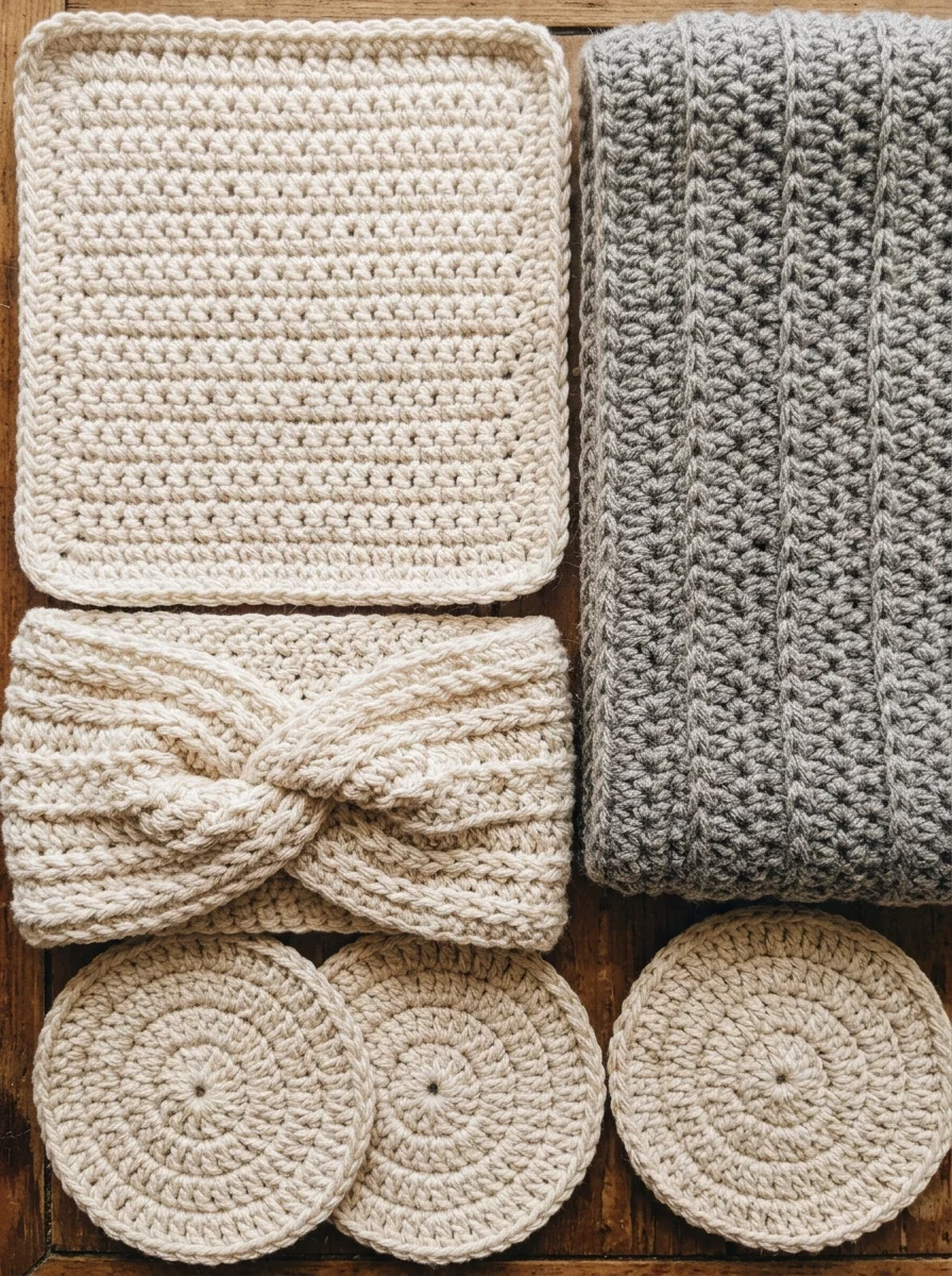 free crochet patterns for beginners Simple handmade crochet projects for beginners, including a dishcloth, coasters, a headband and a scarf, in soft cotton and wool yarn