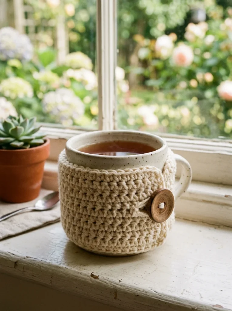 A cream crochet mug cozy fastened with a wooden button around a ceramic mug of tea