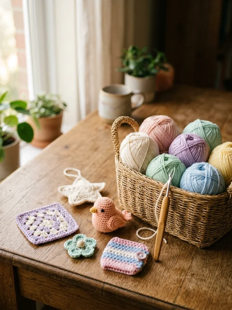 Finished small crochet projects arranged beside yarn and a crochet hook on a wooden desk