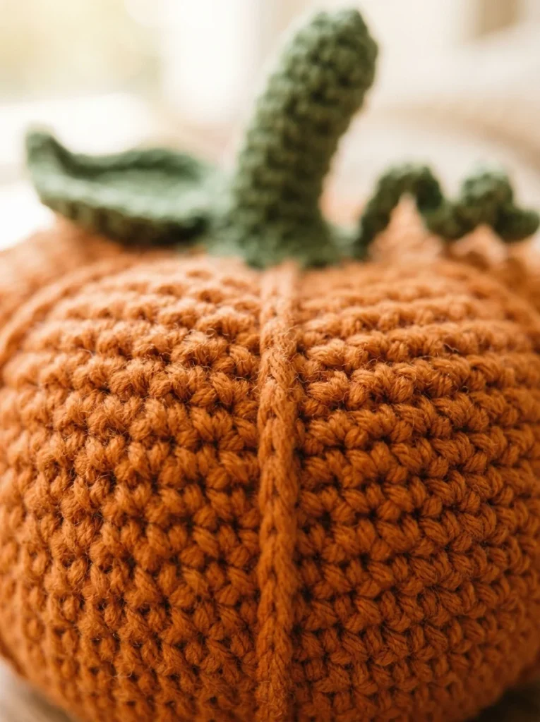 A small orange crochet pumpkin with a green stem and stitched ridges on a wooden table