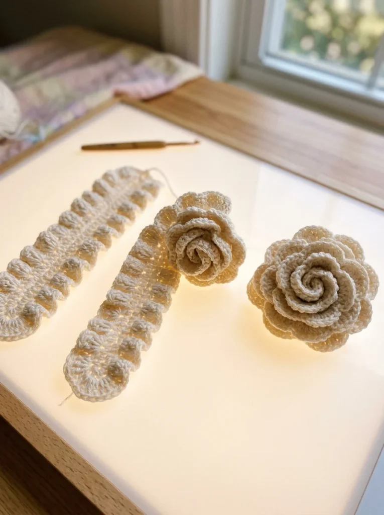 Step-by-step photo of a crochet ruffled rose being rolled up from a flat strip of double crochet clusters