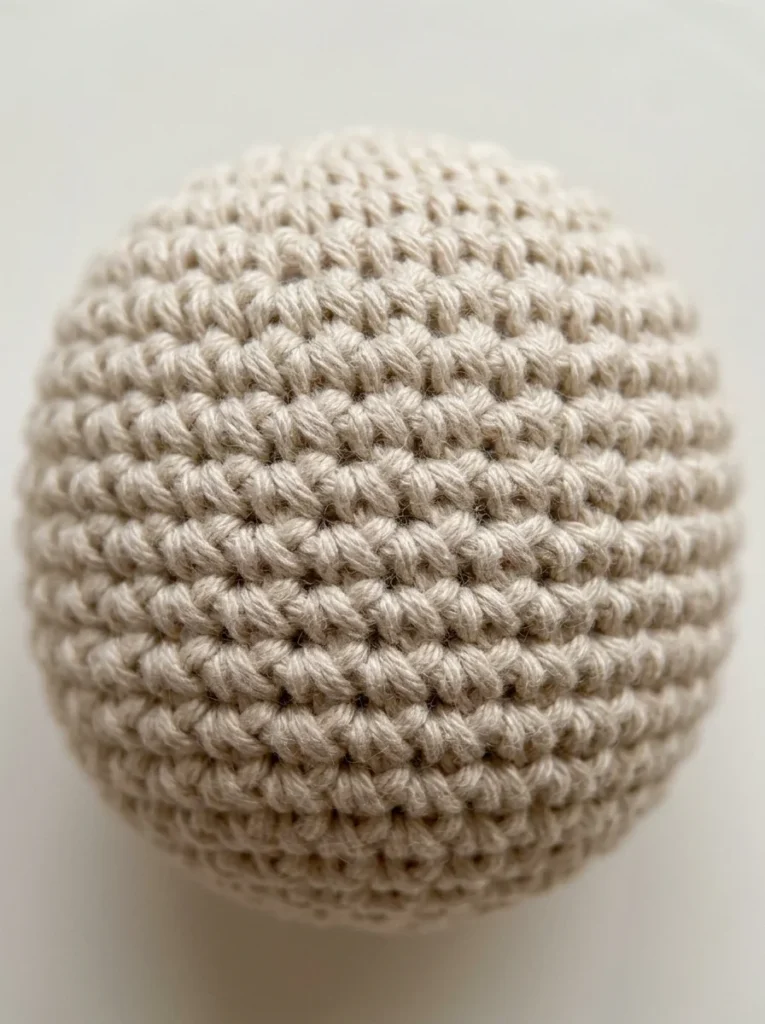 Close-up of tight even single crochet stitches on a small amigurumi ball