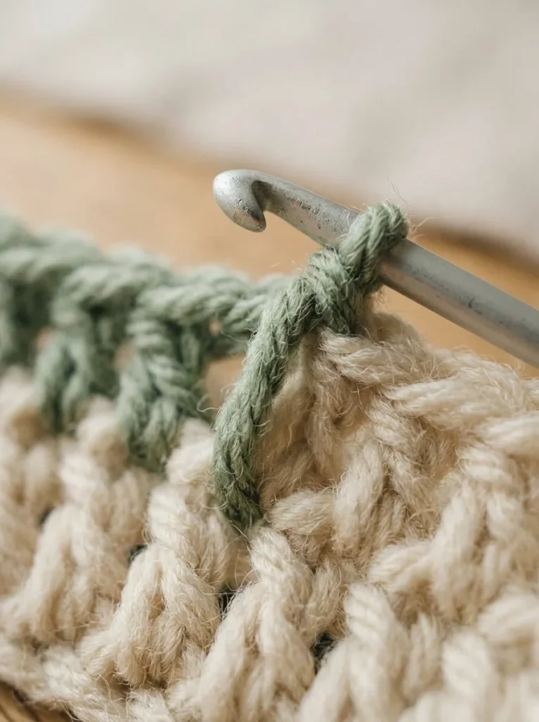 Hook inserted around the post of a double crochet to work a front post double crochet, seen from the front of the work