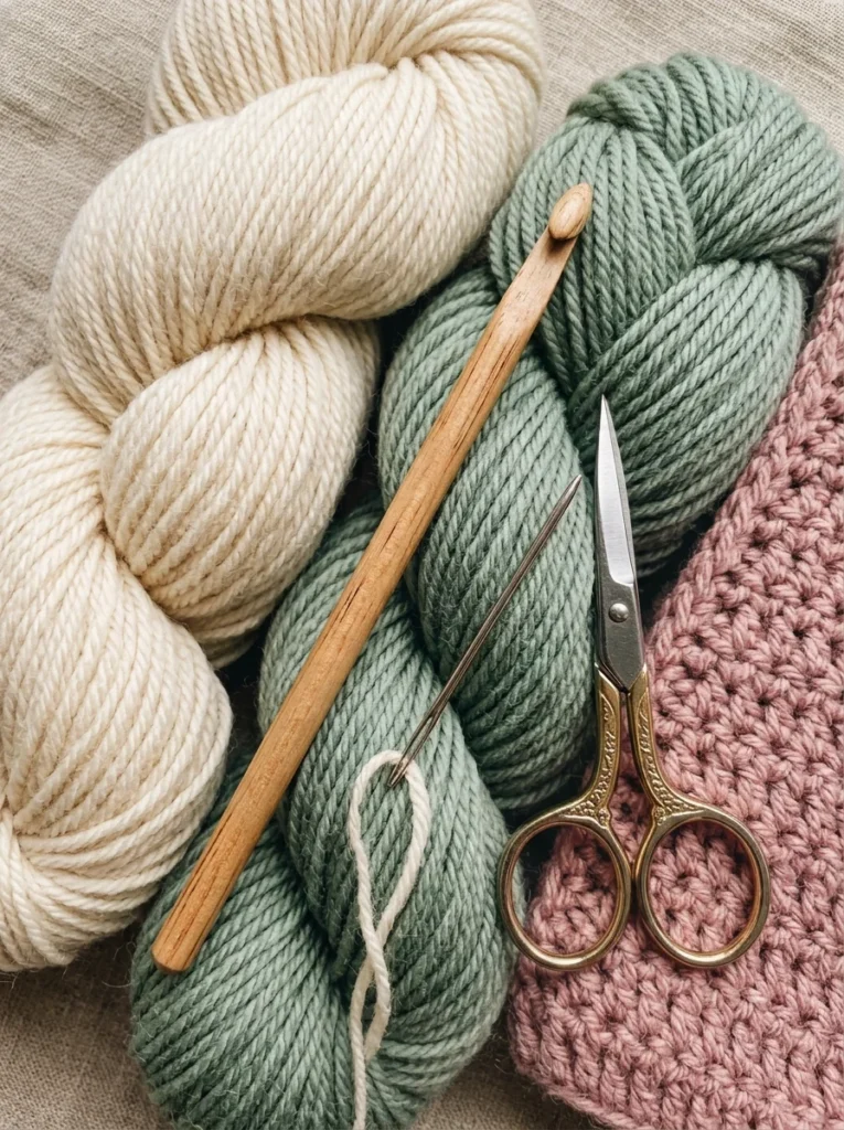 Cotton and acrylic yarn, a crochet hook, a yarn needle and scissors laid out for a beginner crochet project