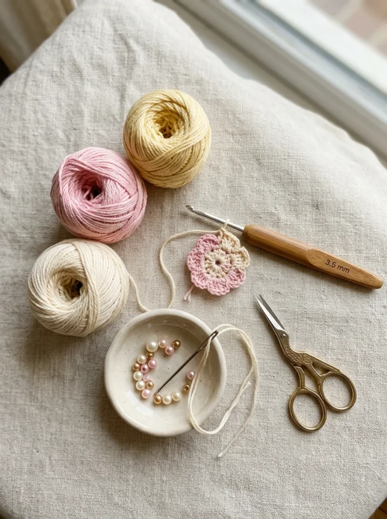 Cotton yarn, a crochet hook, a yarn needle and small beads laid out for making crochet flowers