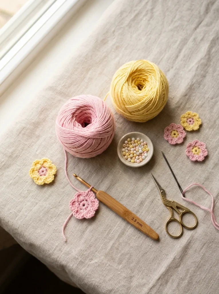 Cotton yarn, a crochet hook, a yarn needle and small beads laid out to crochet a flower