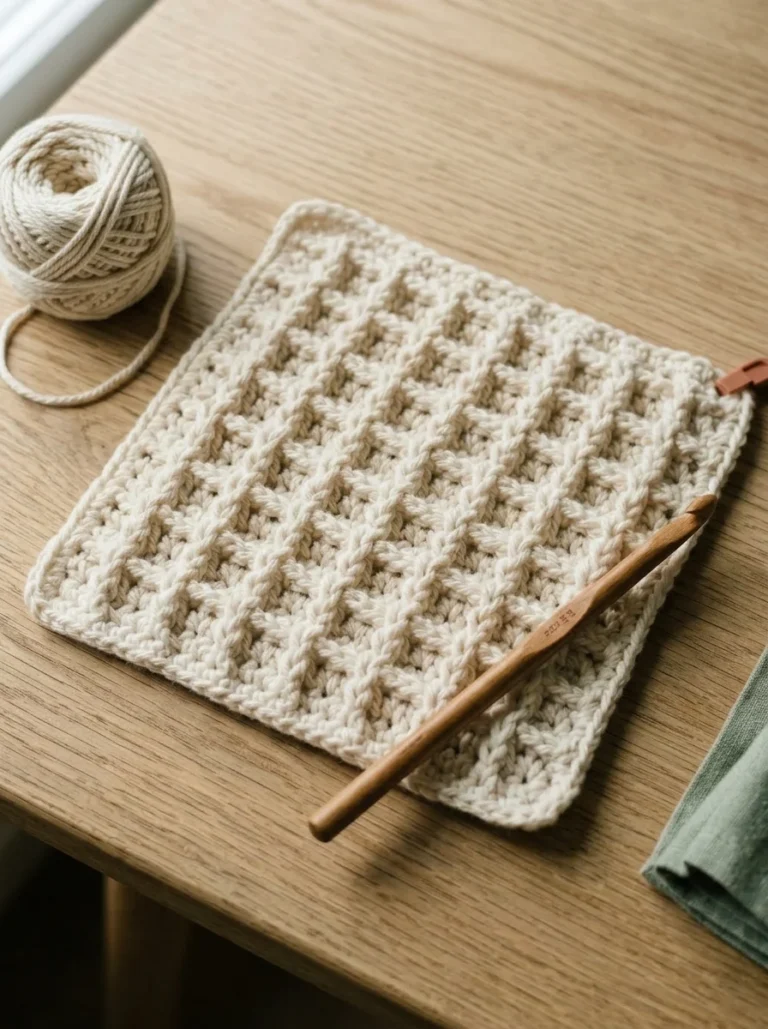 Close-up of a cream crochet waffle stitch swatch showing the raised grid texture, with a wooden hook beside it
