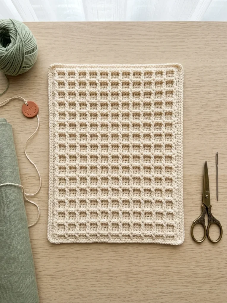 A finished waffle stitch swatch in cream yarn laid flat, with the raised ridges and small square pockets clearly visible
