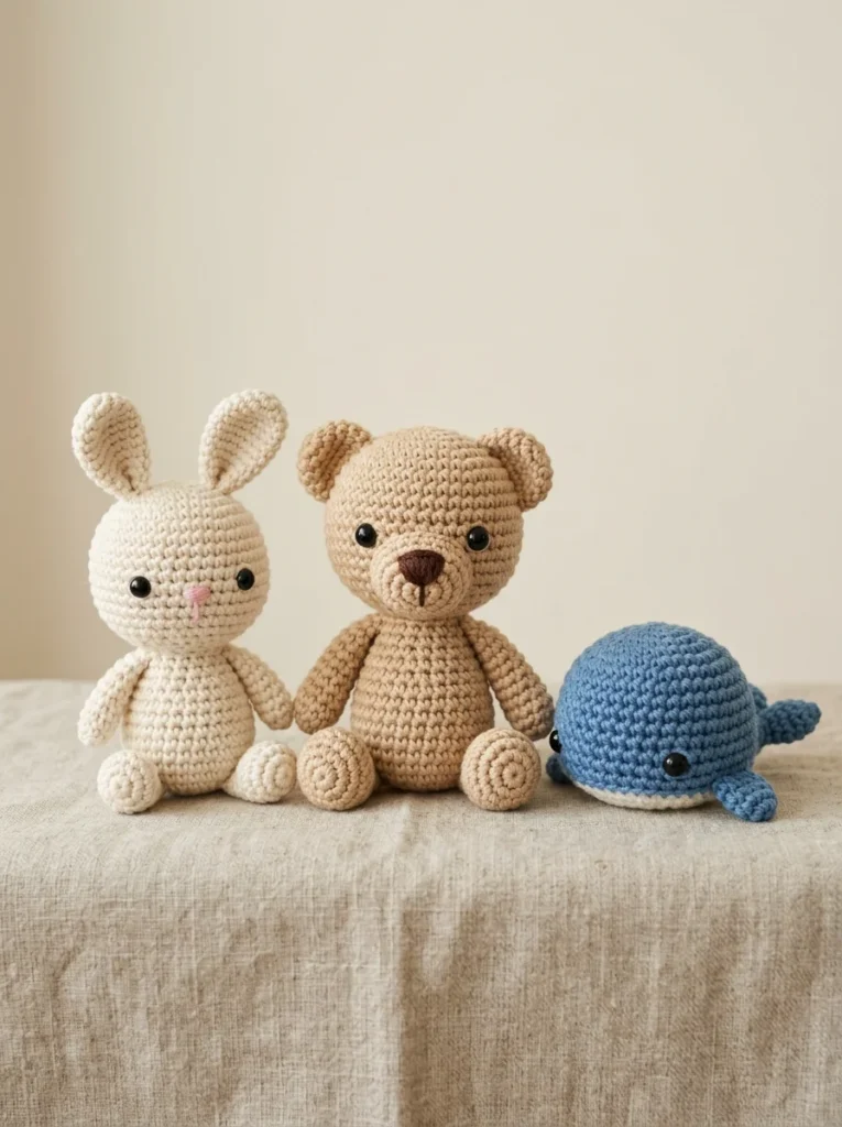 Handmade crochet bunny, bear and whale amigurumi toys lined up next to yarn and a crochet hook