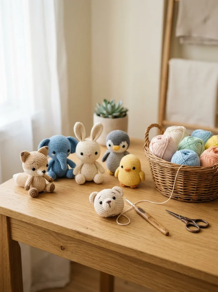 Finished amigurumi toys arranged in a tidy crochet workspace with yarn, a hook and scissors