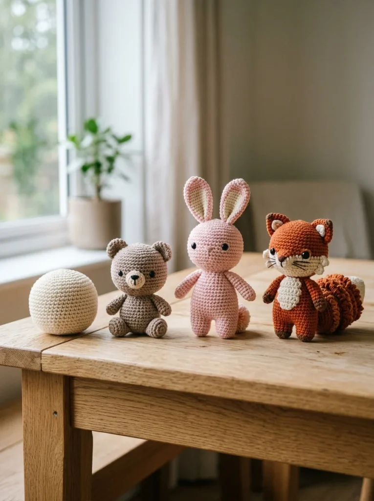Four handmade amigurumi projects arranged from a simple ball to a detailed fox to show increasing difficulty