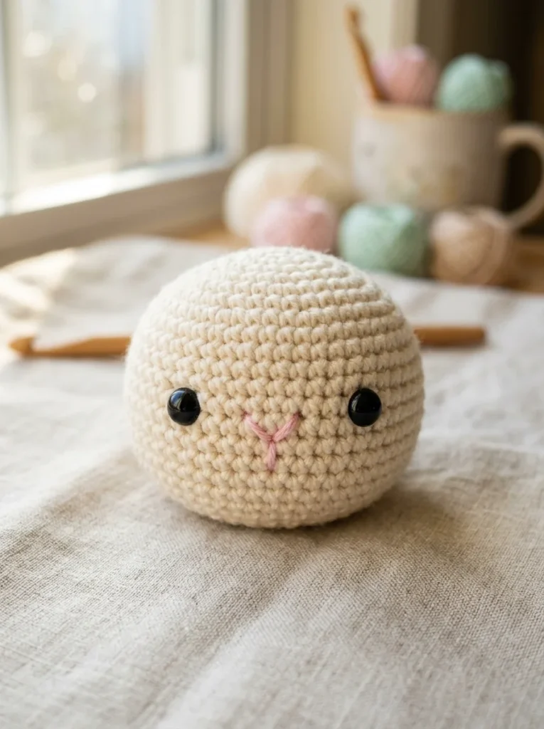 Crochet bunny head with safety eyes before the ears are attached