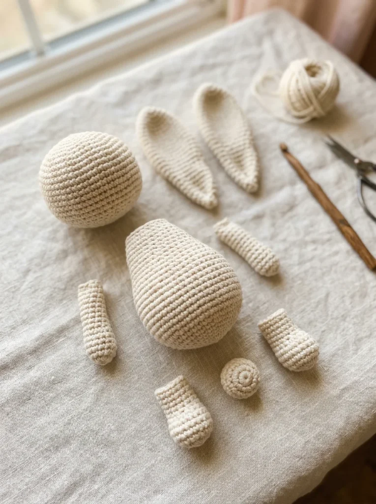 All the crocheted parts of an amigurumi bunny laid out before assembly
