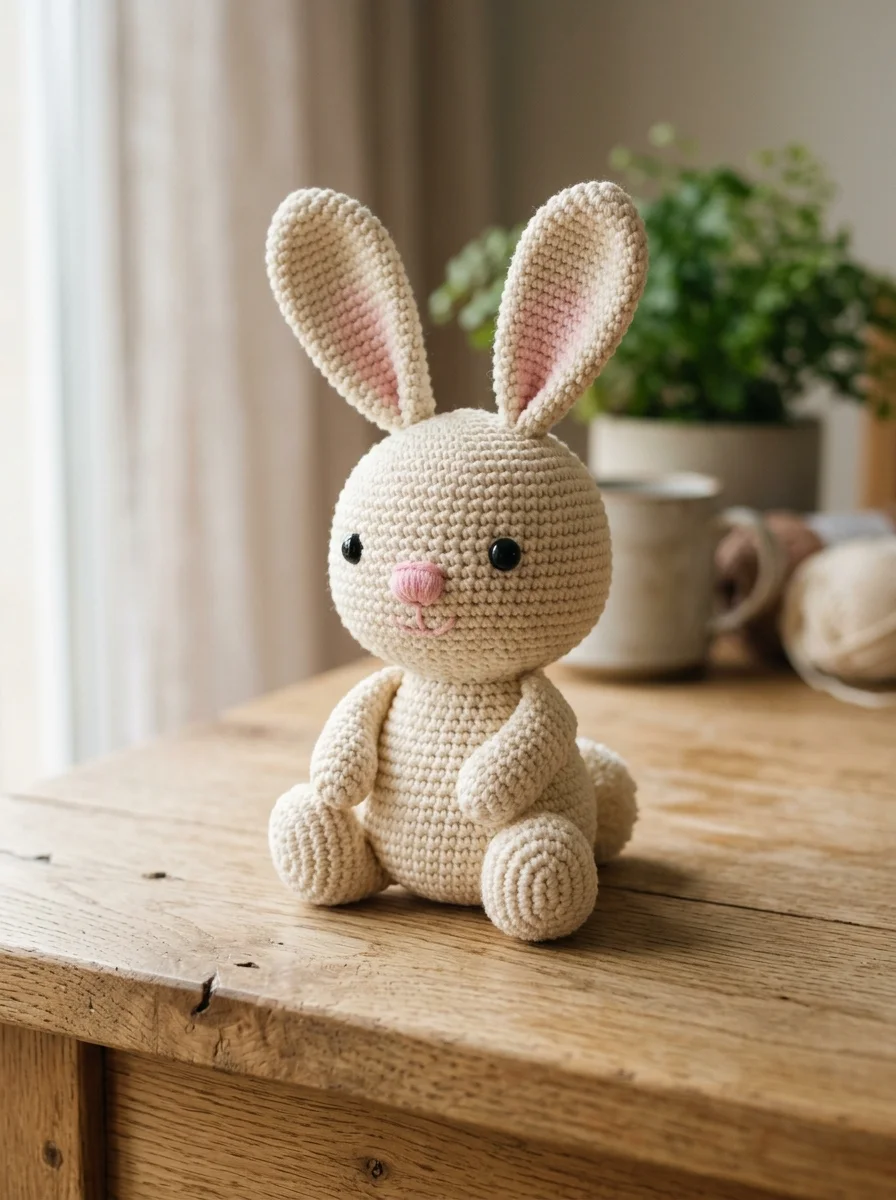 Finished cream amigurumi bunny pattern free project sitting upright with long ears and a round tail
