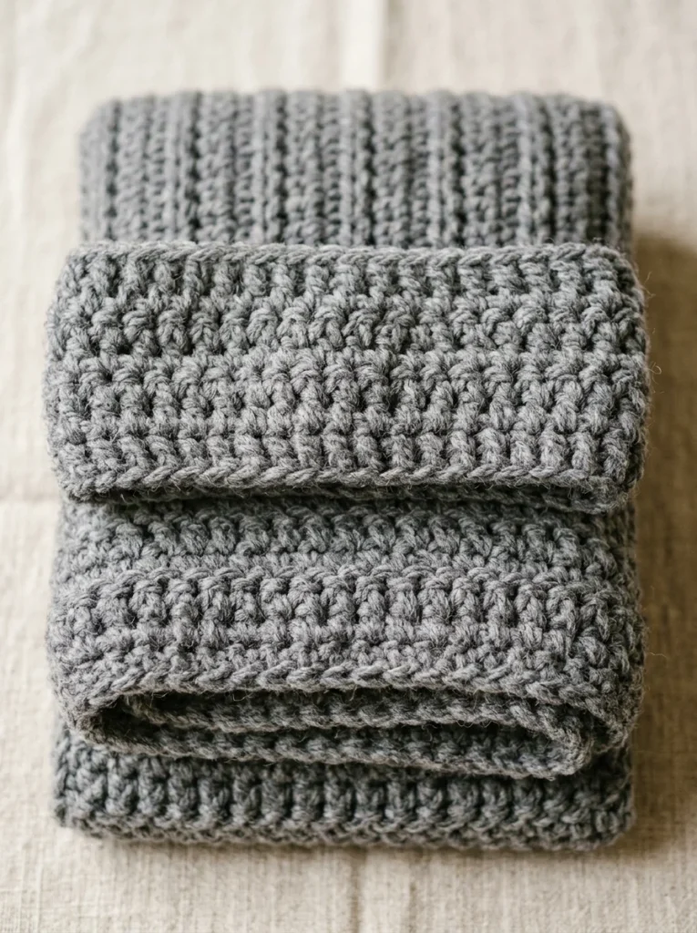 A folded half double crochet scarf and a matching headband in soft grey acrylic yarn