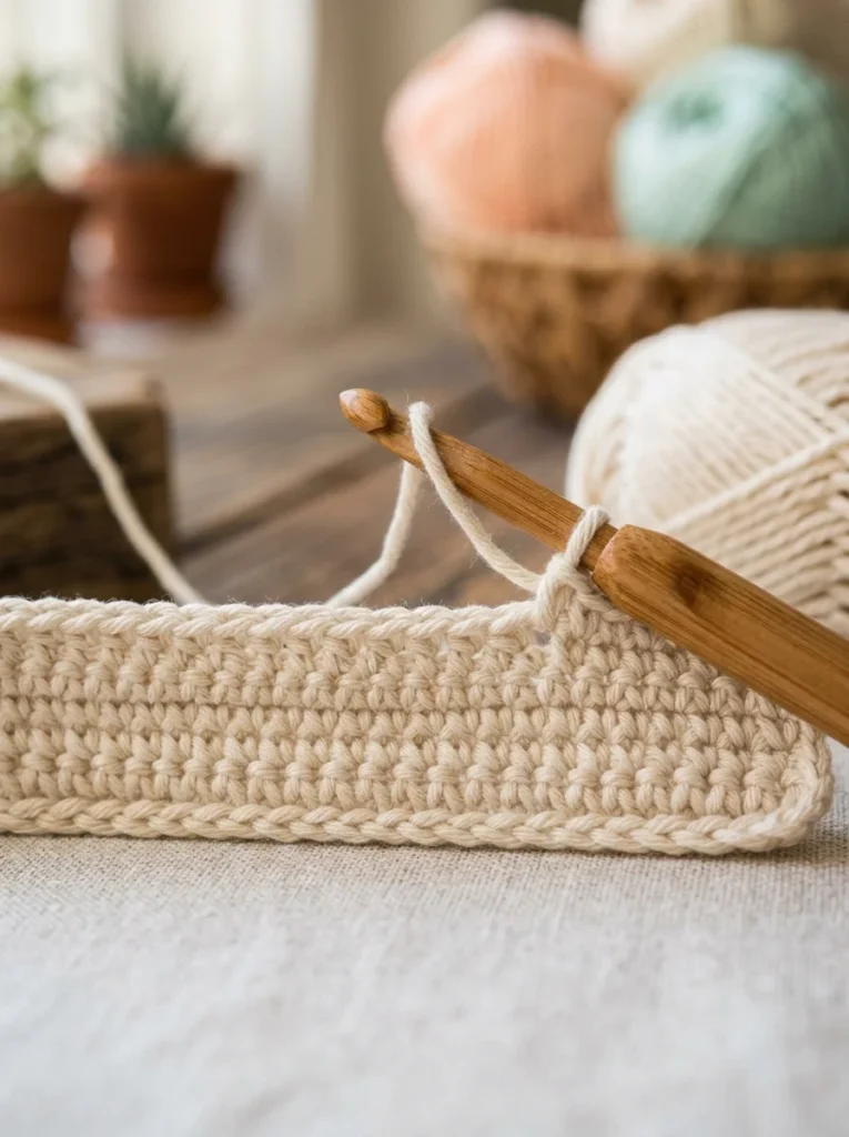 A first row of single crochet worked into a foundation chain, showing the small V shapes along the top edge