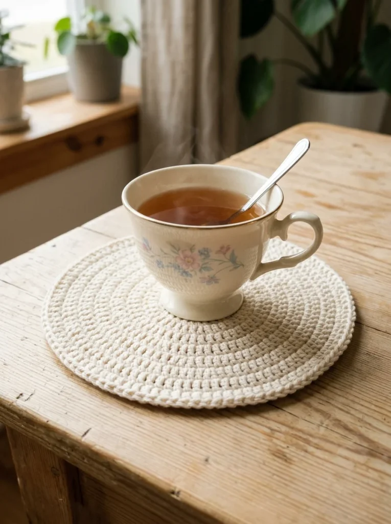 A round cream crochet coaster with a cup of tea on top, showing the flat, even rounds of single crochet