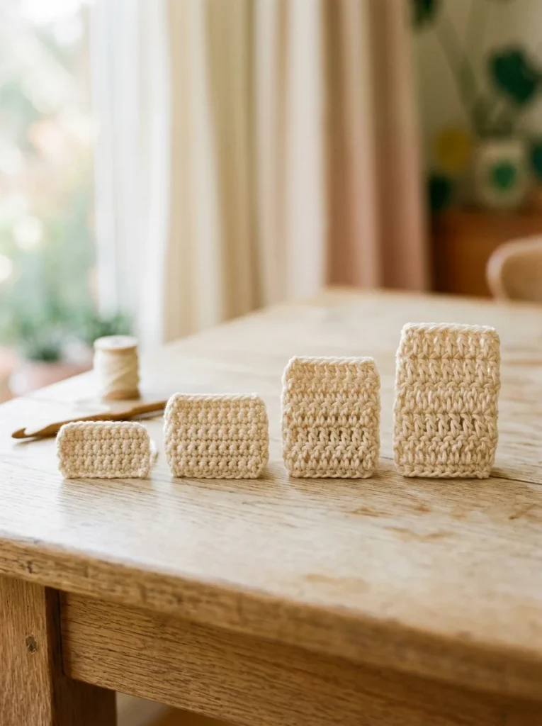 Four crochet stitch samples side by side in cream yarn showing the difference in height between a slip stitch, a single crochet, a half double crochet and a double crochet