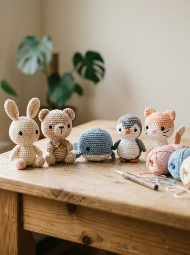 A row of small handmade amigurumi Amigurumi Patterns animals in soft pastel yarn on a wooden table