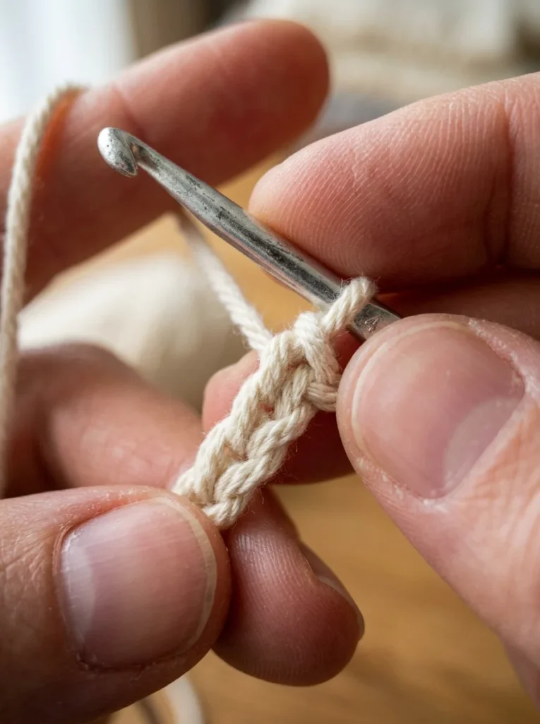 Hands holding a crochet hook and cream cotton yarn while making a first chain, close-up with no face visible