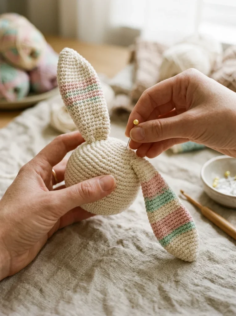 Hands pinning ears onto a crochet bunny head before sewing