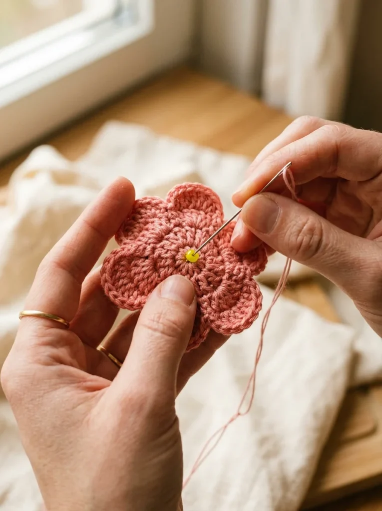 Hands sewing a small bead into the center of a finished crochet flower