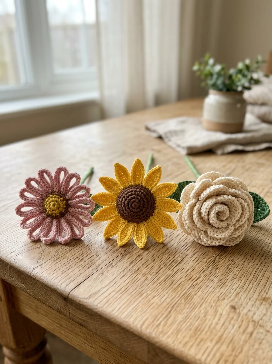 Three handmade crochet flowers for beginners in pink, yellow and cream yarn: a loop daisy, a pointed daisy and a ruffled rose