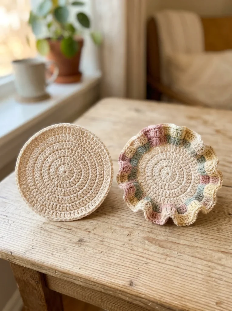Two crochet coasters side by side, one flat and even and one with a ruffled edge, showing the effect of extra increases