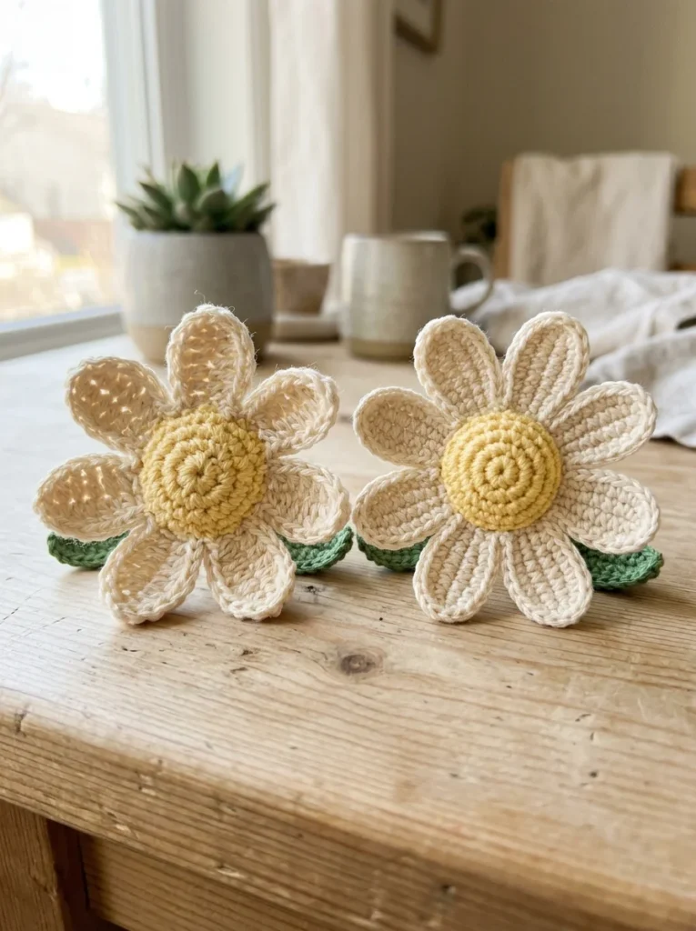 Two crochet flowers side by side, one uneven and one neat, showing the effect of consistent tension