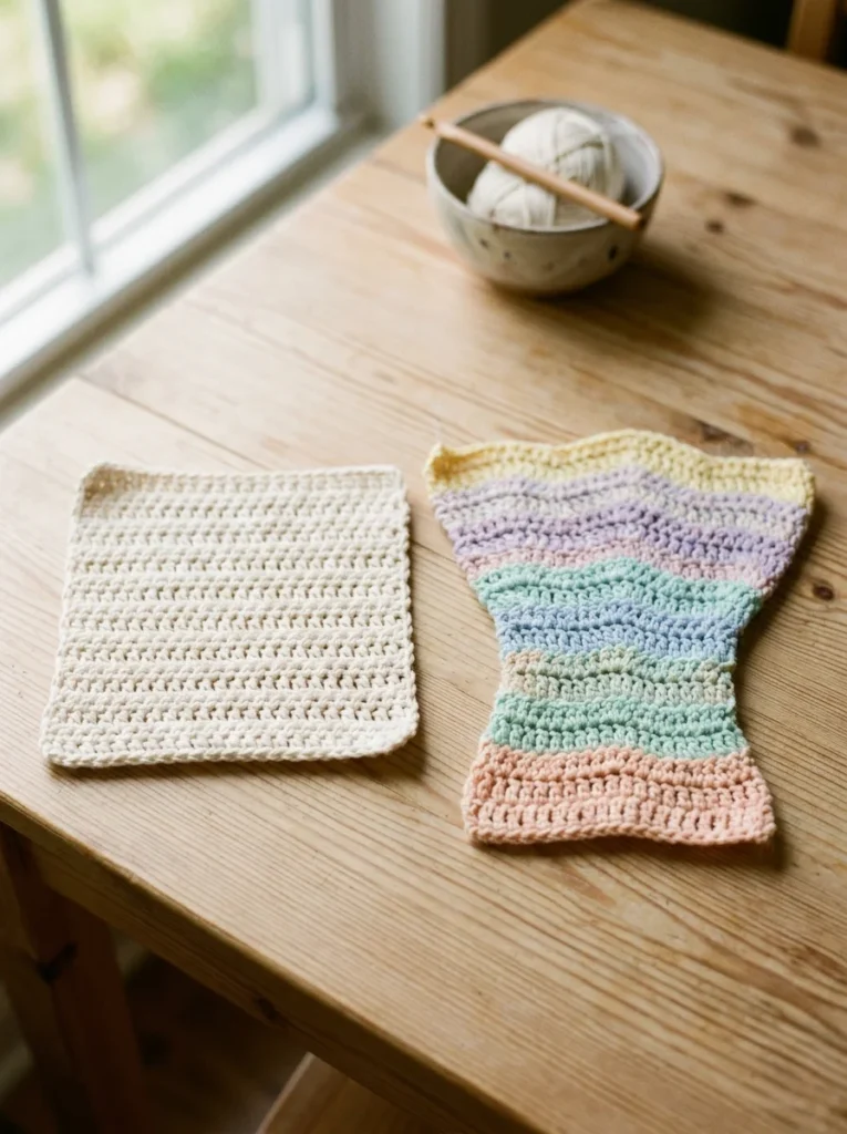 Two single crochet swatches side by side, one with even straight edges and one with a wavy edge caused by extra stitches