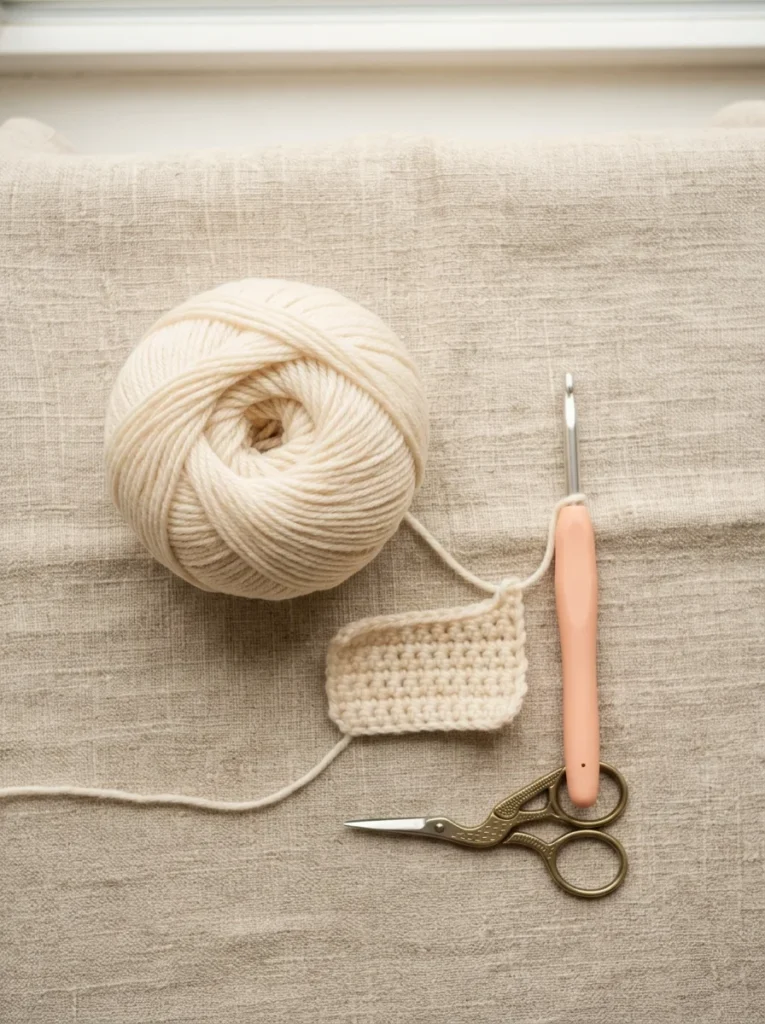 A ball of smooth cream worsted yarn beside a 5.0 mm crochet hook and a pair of scissors on a light table