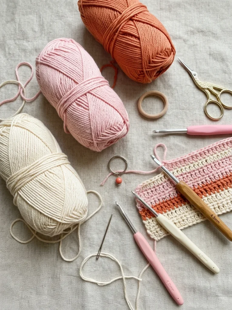 Cotton yarn, three crochet hooks, a yarn needle, a stitch marker and a hair elastic laid out for quick crochet projects